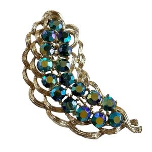 Vintage Statement Brooch Pin Peacock Blue Green Aurora Borealis Rhinestones